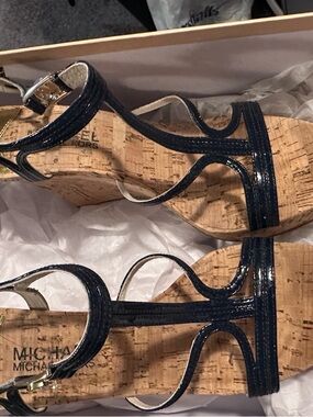 Michael Kors Navy Patent Cork Wedge Sandals